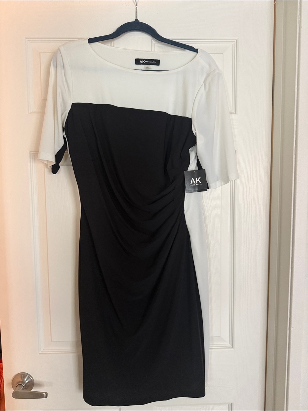 Anne Klein Black and White Ruched Waist Colorblock Dress